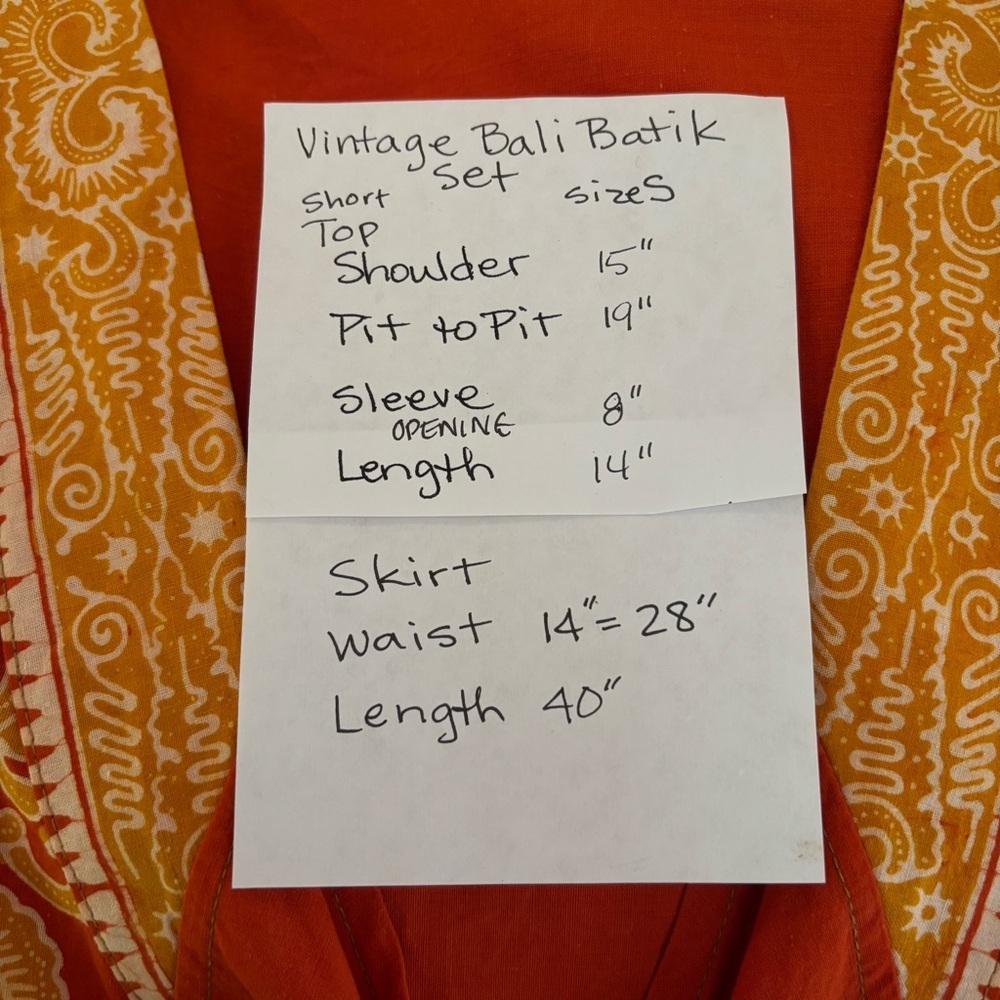 Bali Handmade Orange Gold Batik Top & Wraparound skirt. Vintage 1990’s size S - Picture 16 of 16